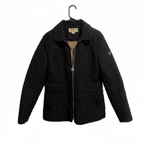 Michael Kora Black Quilted Jacket with Gold zipper and front faux-flap pockets